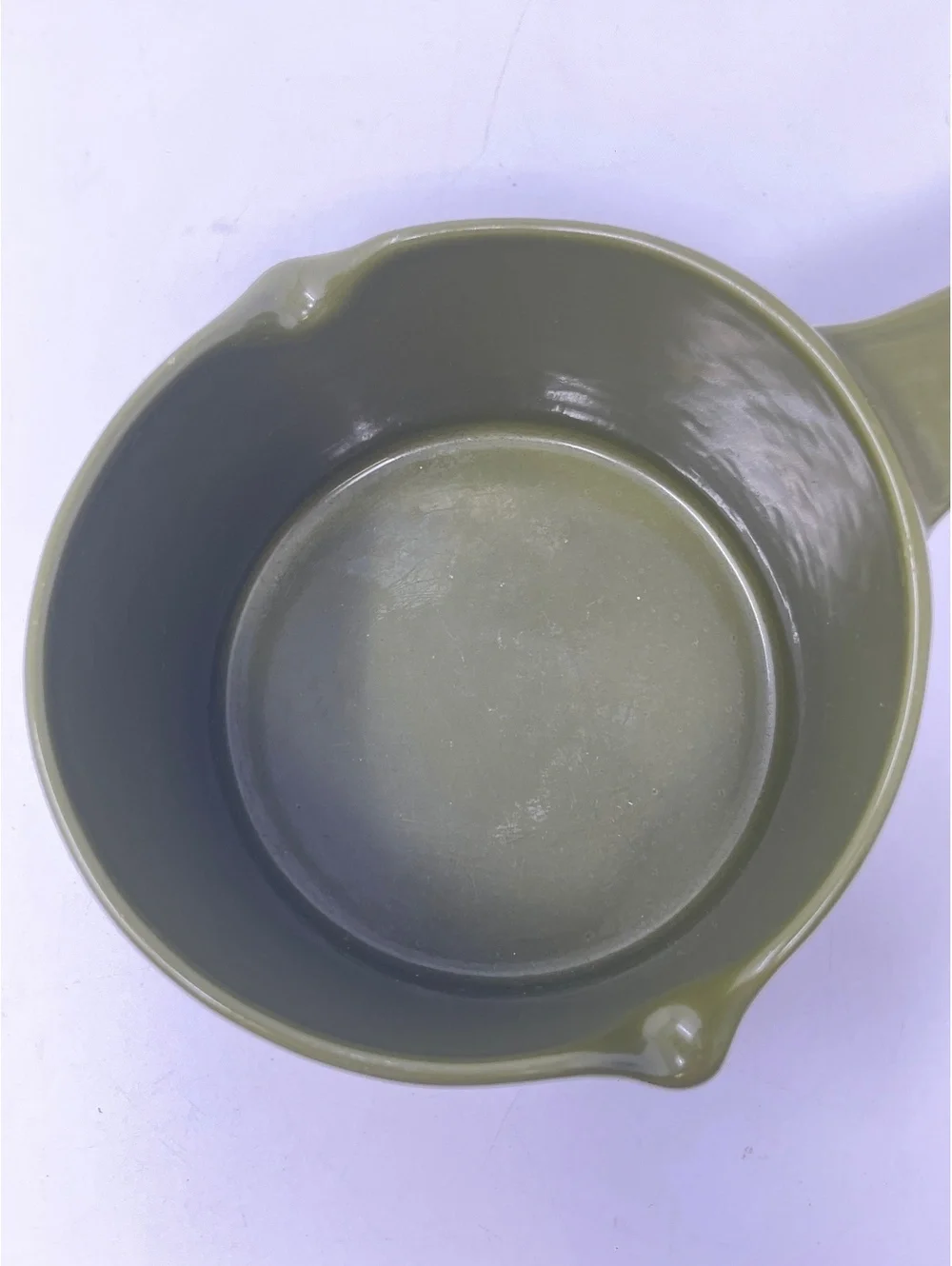 Vintage Avocado Green Ceramic Butter Warmer Melting Pot Double Pour Spout MCM